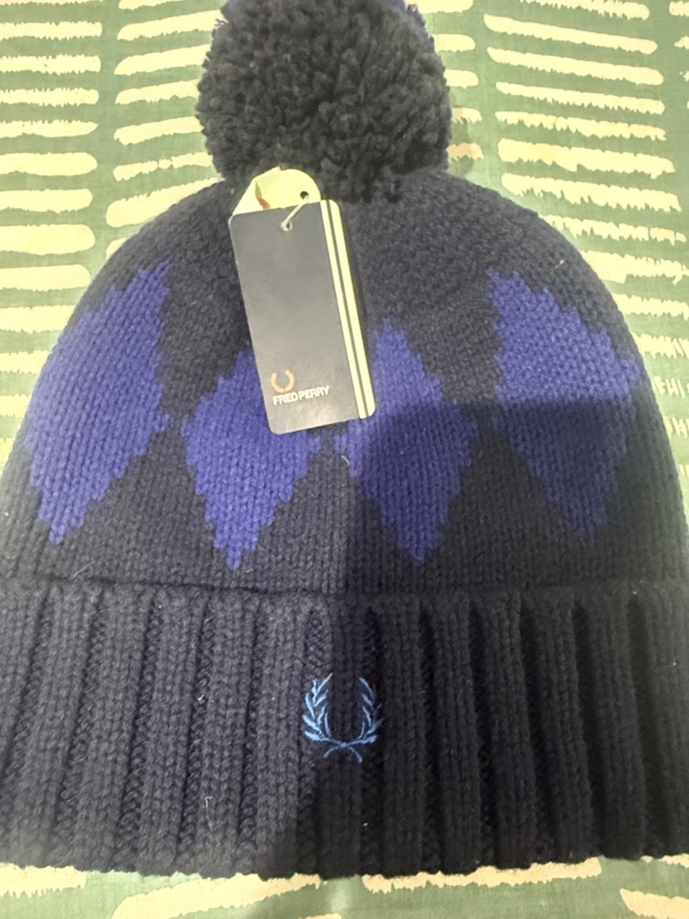 Fred Perry Black and Blue Pom-Pom Knit Beanie